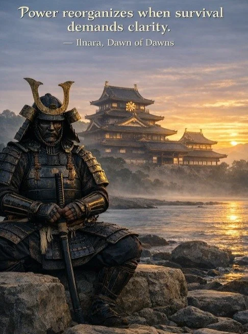 Dawn at the Boundary
A Kamakura samurai seated in armor in the foreground. Behind him, slightly distant, a symbolic imperial palace in Kyoto.

#Boundary #Defense #HistoricalTruth #Clarity #Dawn #Military #GovernmentvsEmperor #Mongols #KublaiKhan #Hōj
