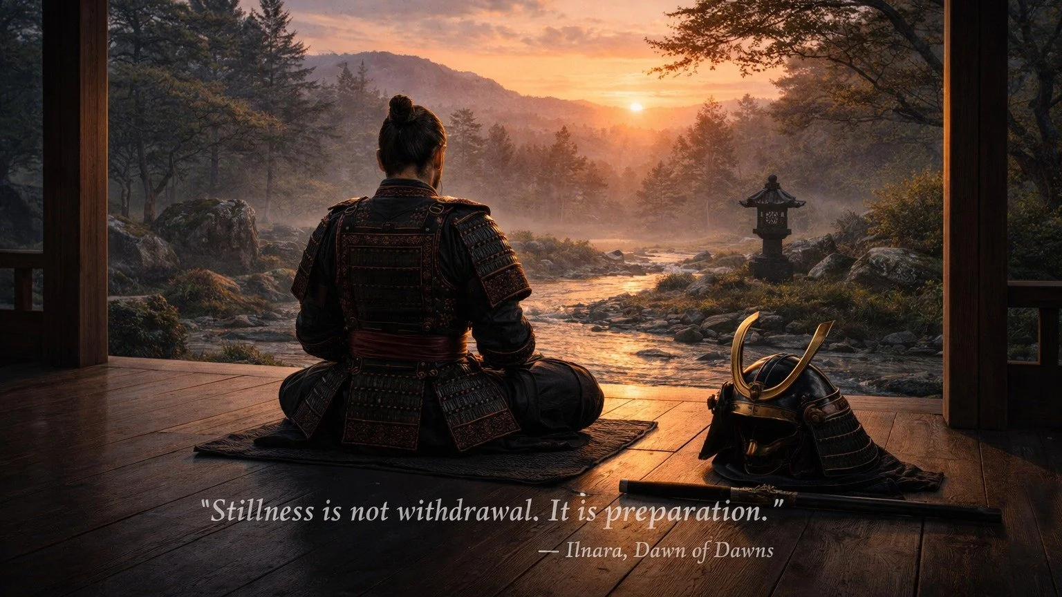 A samurai seated in zazen meditation at dawn.
The warrior is not idle.
He is training the mind before the day begins.

#DefenseofaCivilization #DisciplineoftheMind #Stillness #Preparation #Samurai #ZenBuddhism #HōjōTokimune #DawnattheBoundary