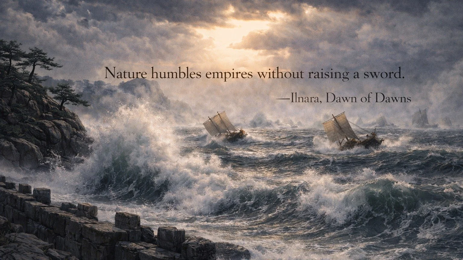 Divine Wind (Kamikaze)
Even empires must answer to wind and sea.
&mdash; Inspired by Hōjō Tokimune

#MythvsHistory #Mongols #Japanese #HōjōTokimune #DivineWinds #Kamikaze #Nature #DawnattheBoundary