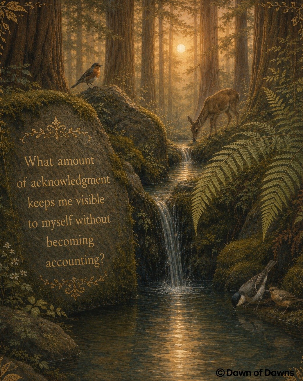 The Mirror of Quiet Virtues 
A spring hidden in the woods may sustain an entire ecosystem. 
Most travelers never know its name. 
Its value is not diminished. 
The spring does not become more itself when admired, nor less itself when unnoticed. 

&mda