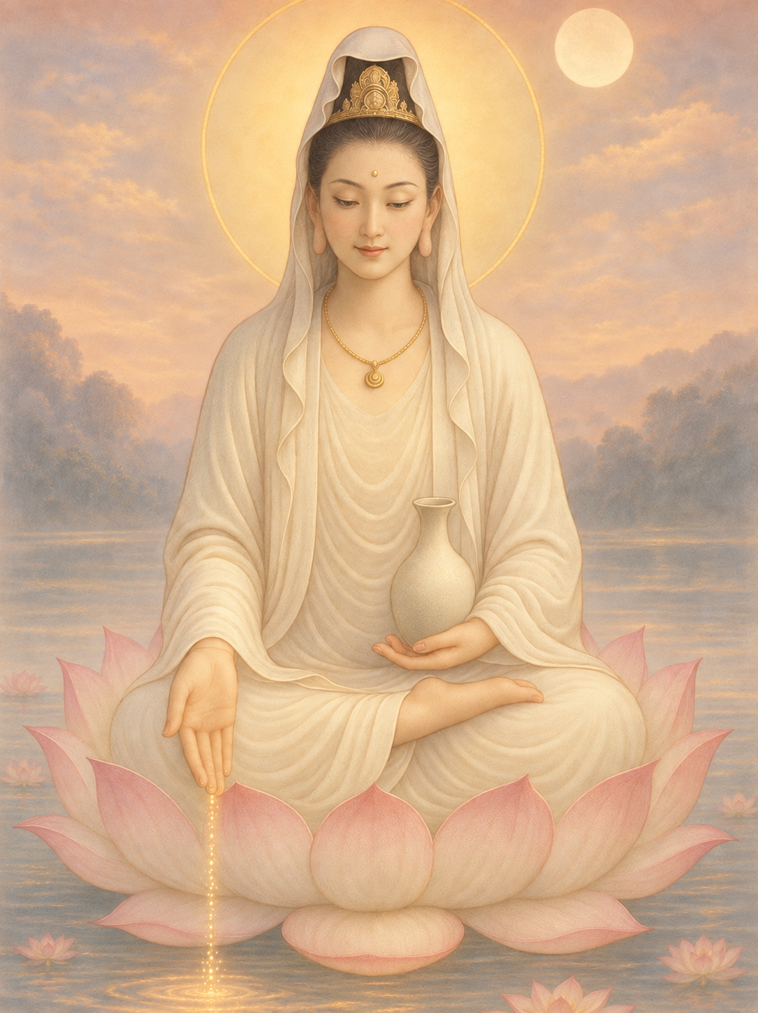 Guan Yin seated cross-legged on a pink lotus flower, holding a vase in her left hand and releasing a stream of glowing golden particles from her right hand, with a glowing halo and a full moon in the background over a tranquil lake and cloudy sky.
