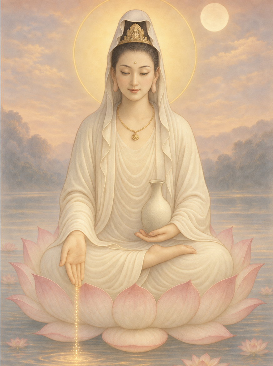 Guan Yin sits cross-legged on a pink lotus flower floating on water. She holds a soma vessel in one hand and compassion fall from her other hand into the water.