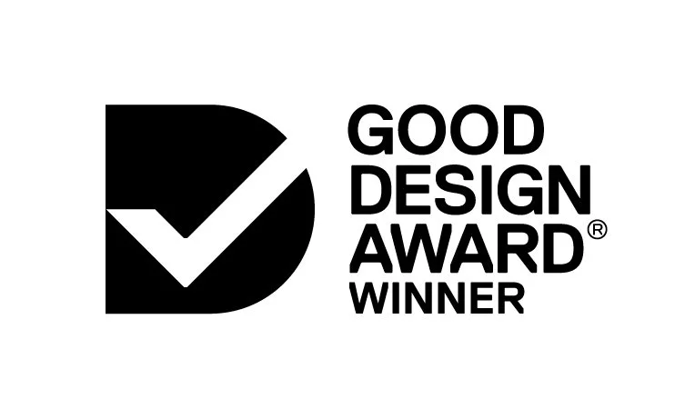 Black and white logo with a check mark inside a square, and the text 'Good Design Award Winner'.
