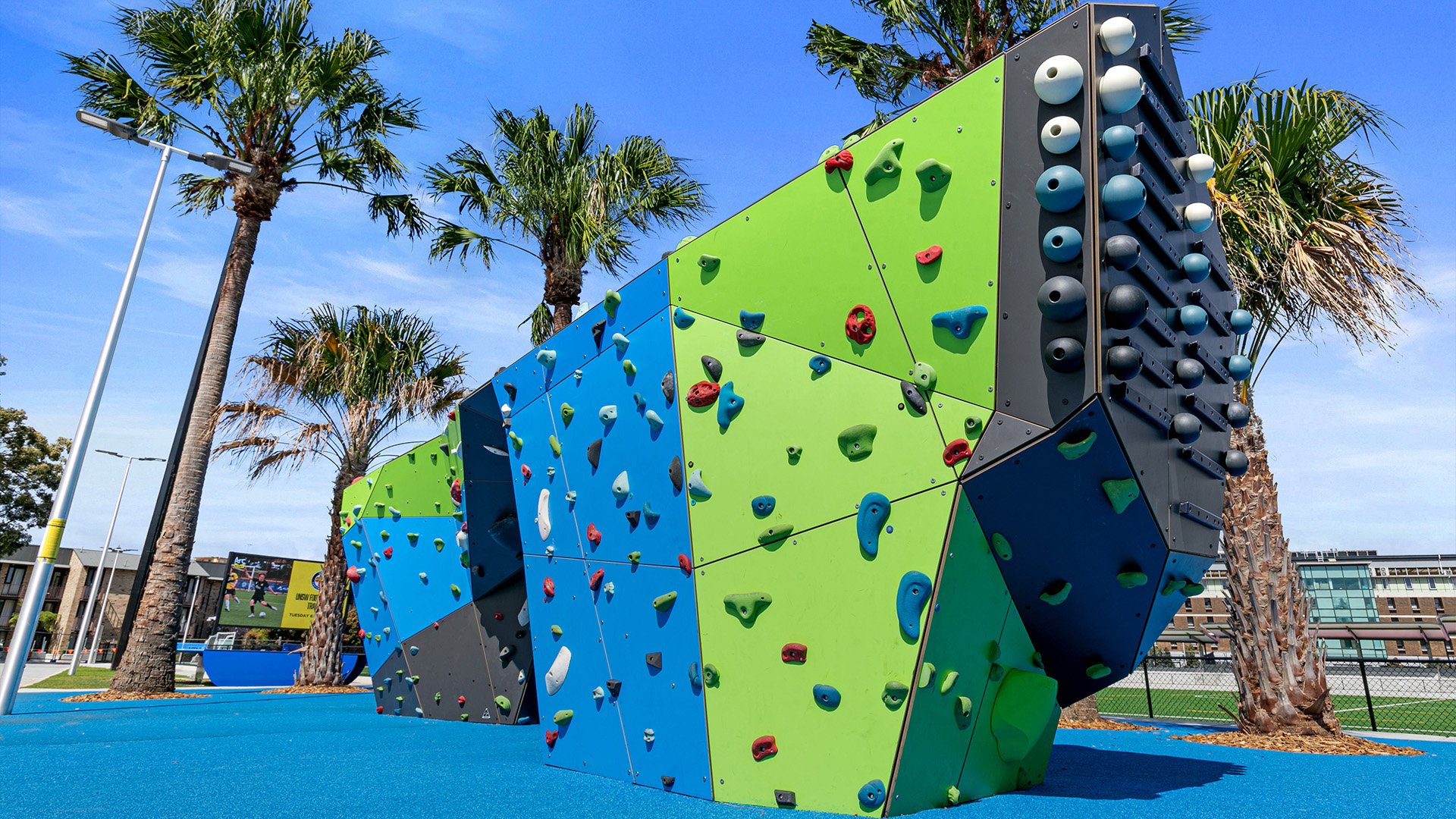 Outdoor bouldering climbing structure with colorful panels, green, blue, black, and gray, equipped with various climbing holds, surrounded by tall palm trees and a blue safety surface.