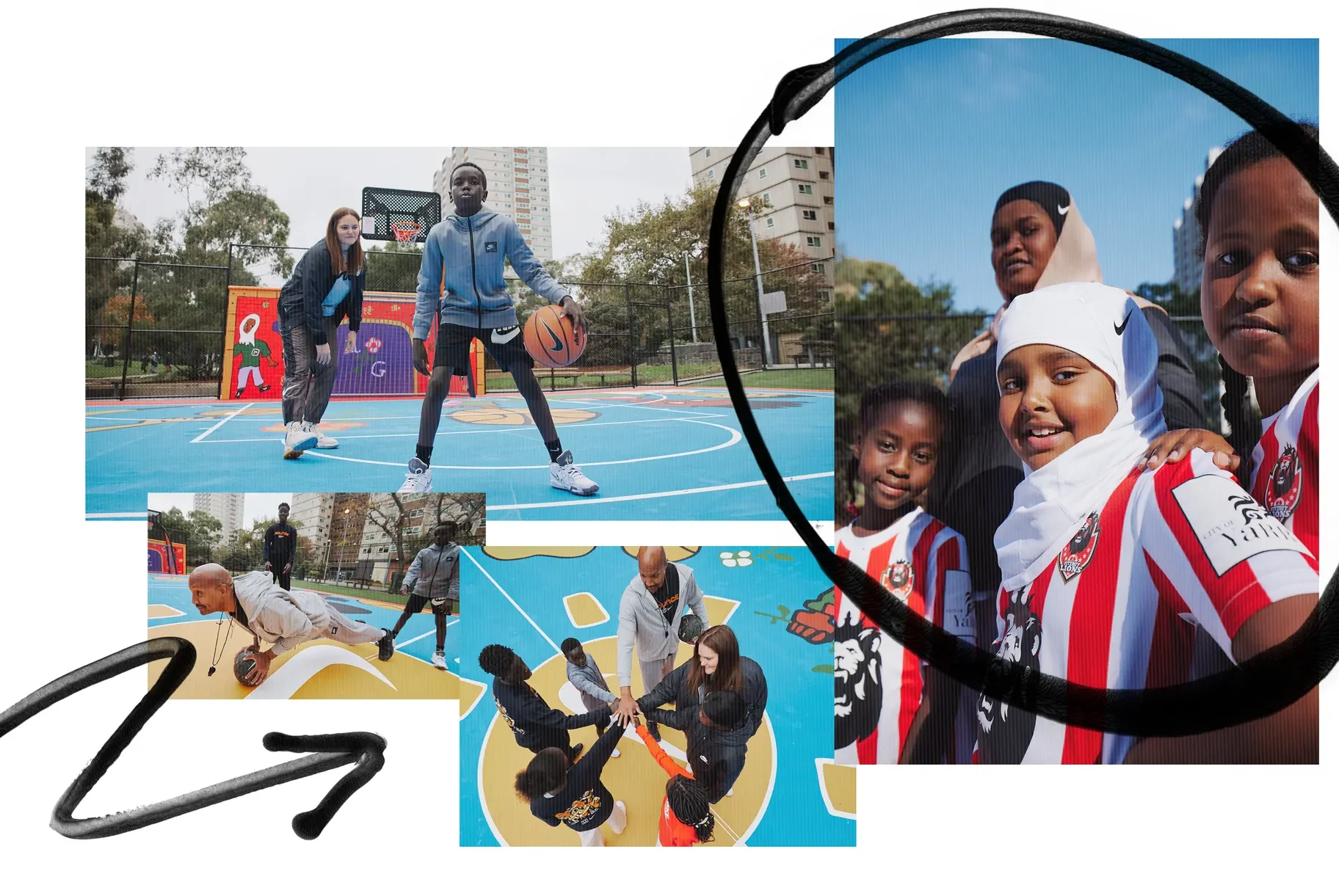 Collage of children playing basketball outdoors, group of kids smiling in sports jerseys, kids doing push-ups, and children and adults playing a team game outside.