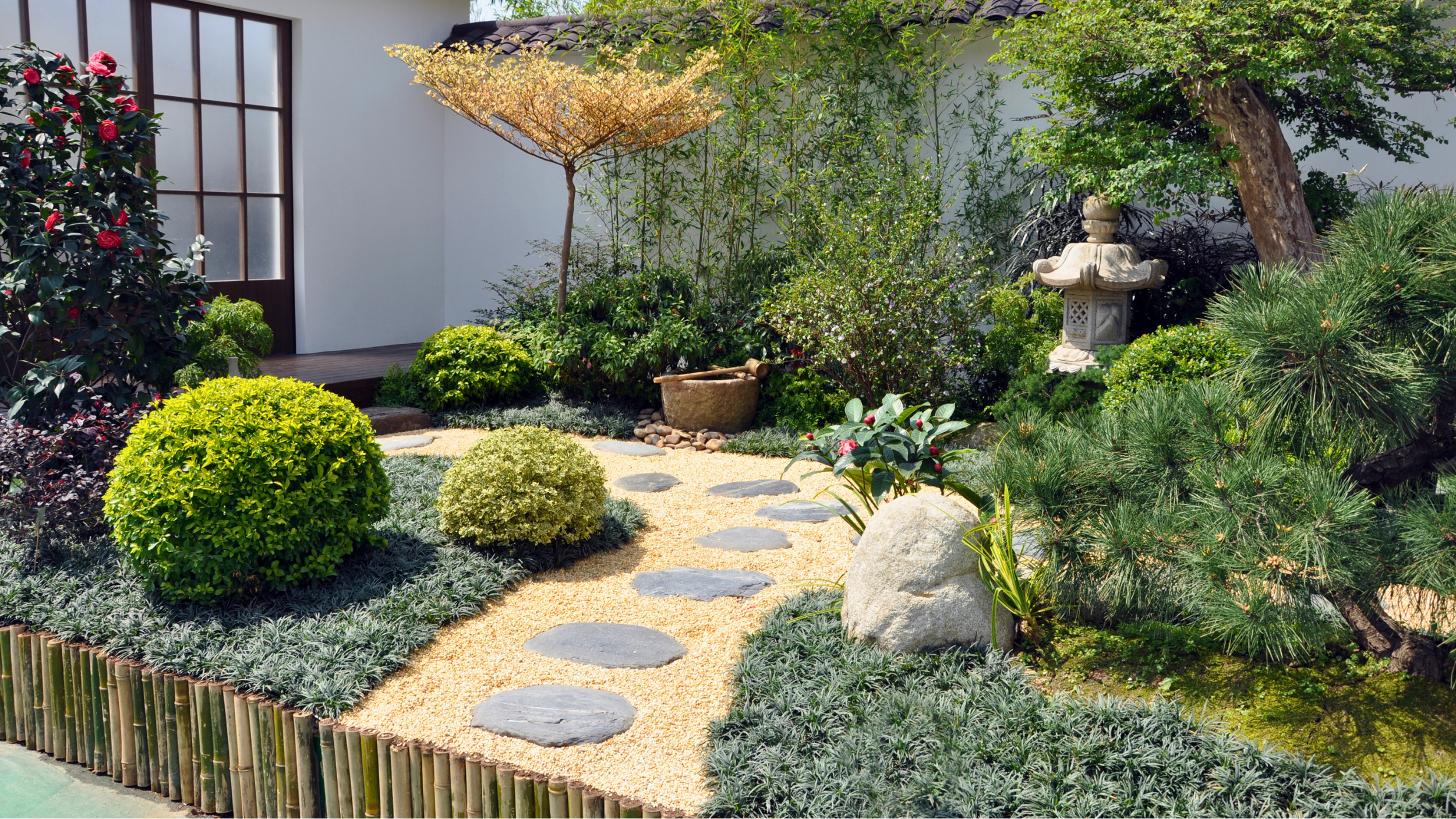A traditional Japanese garden with a gravel pathway, stepping stones, lush green bushes, trees, and a stone lantern, surrounded by a bamboo fence.
