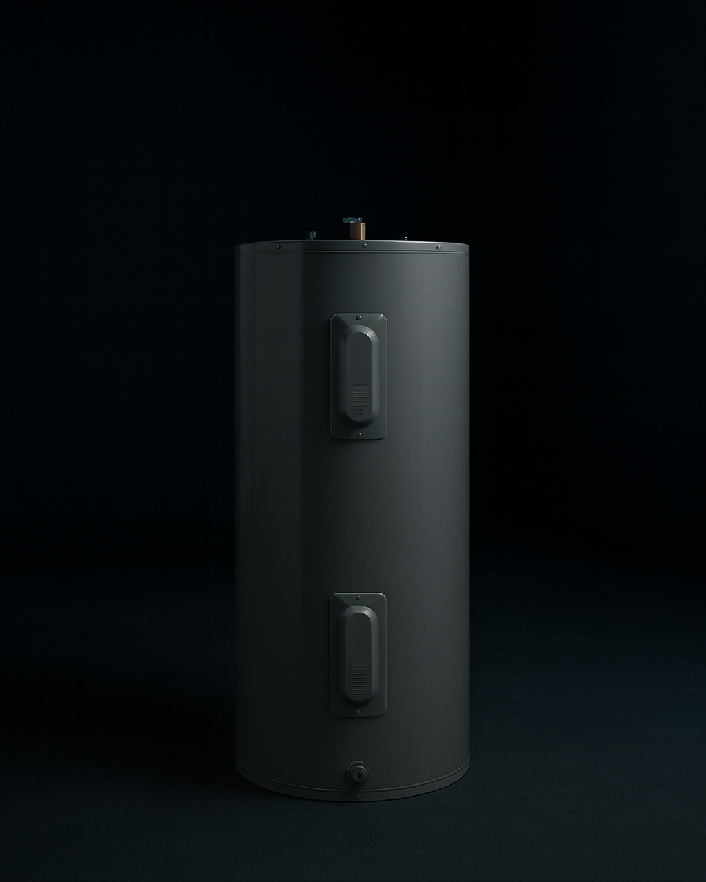 A dark gray, cylindrical water heater against a black background.