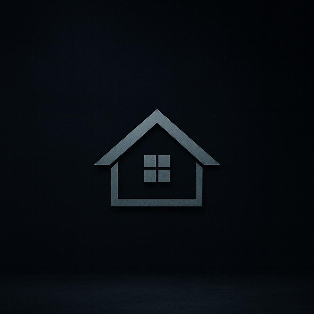 Gray house icon with a pitched roof and four-pane window on a dark background.