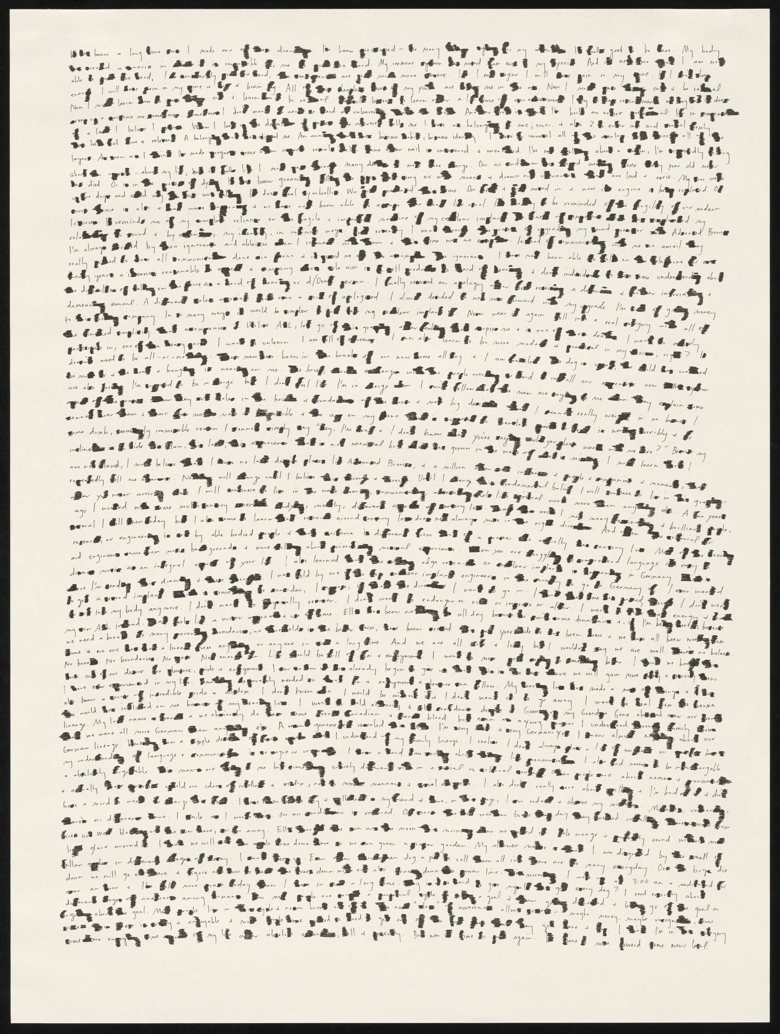 Three sheets of off-white paper framed on a wall, densely filled with writing. Markings throughout the drawings cover parts of the words, making them illegible and evoking a sense of obscured or lost communication.