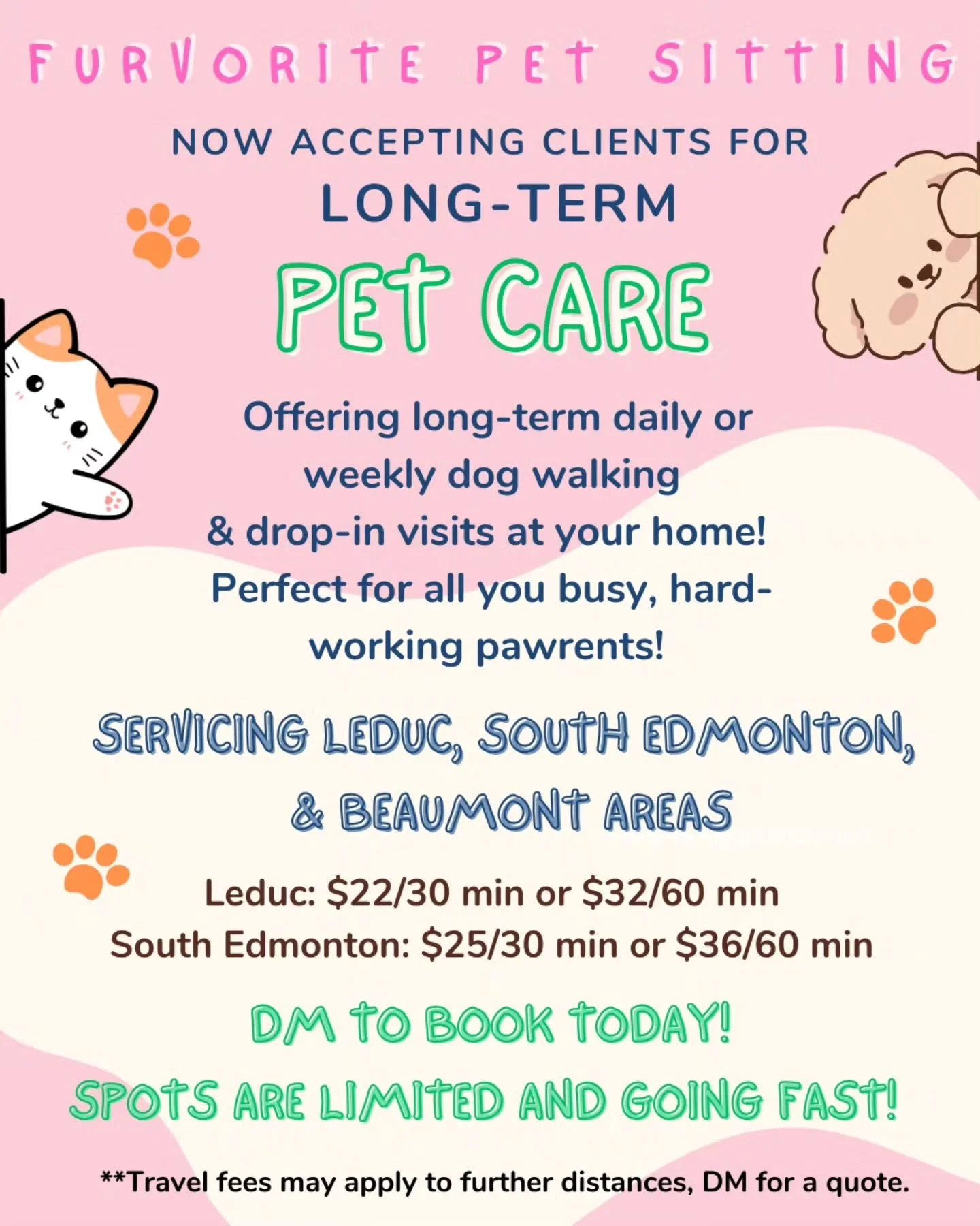 Now accepting new clients! πΎ
Life can get busy, and that's okay! Your pets can still get that extra love and attention they deserve! I'm offering long-term dog walking and drop-in visits at your home. Book recurring walks or visits and give your fur