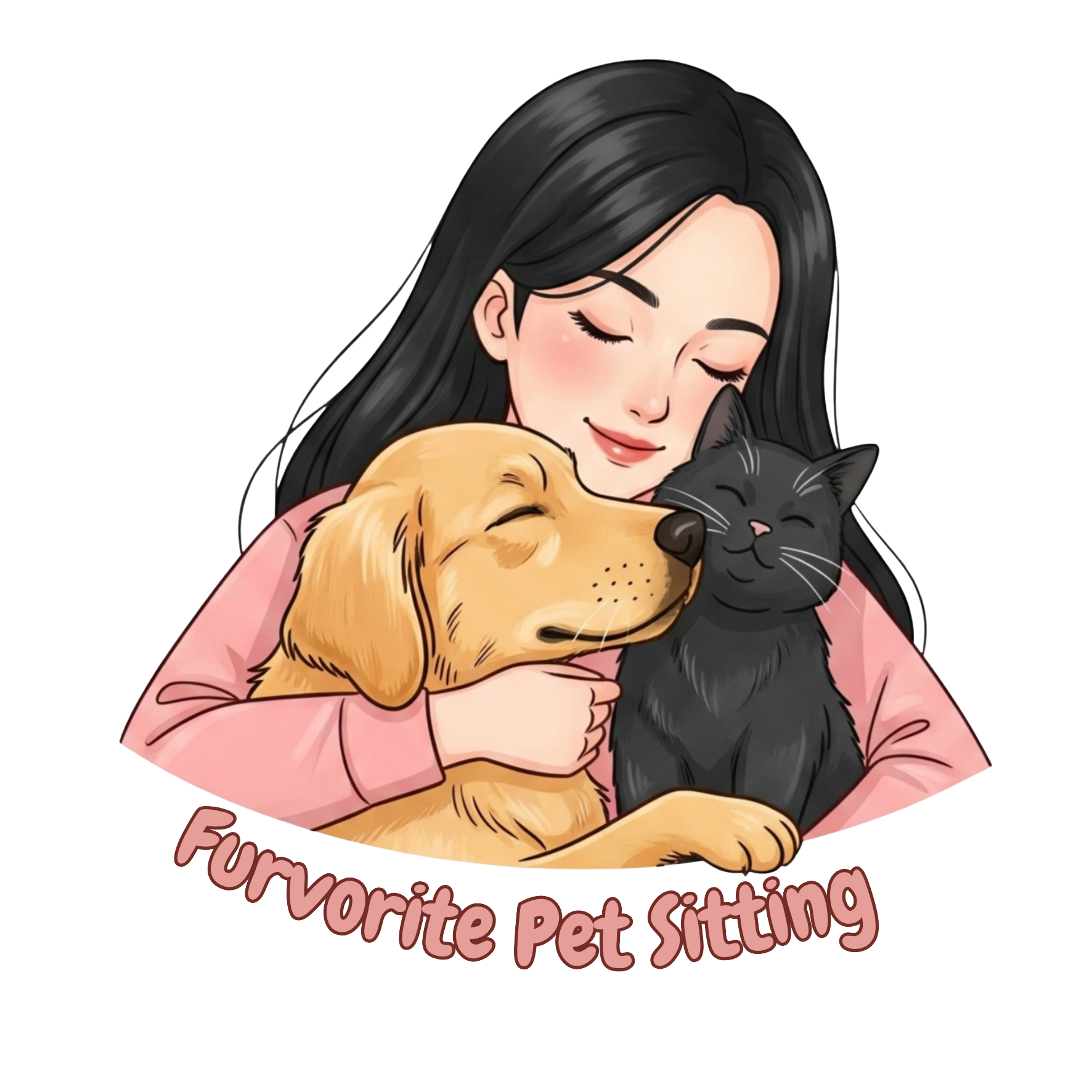 Cartoon illustration of a woman hugging a golden retriever and a black cat, with the text 'Furvorite Pet Sitting' beneath them.
