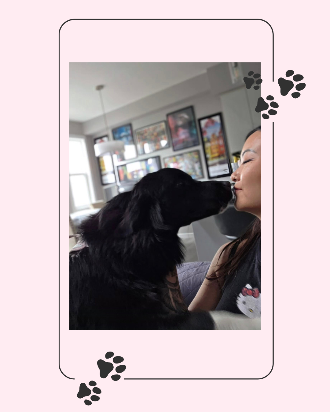 A woman and a black dog sharing a lick in a cozy home with framed pictures on the wall.