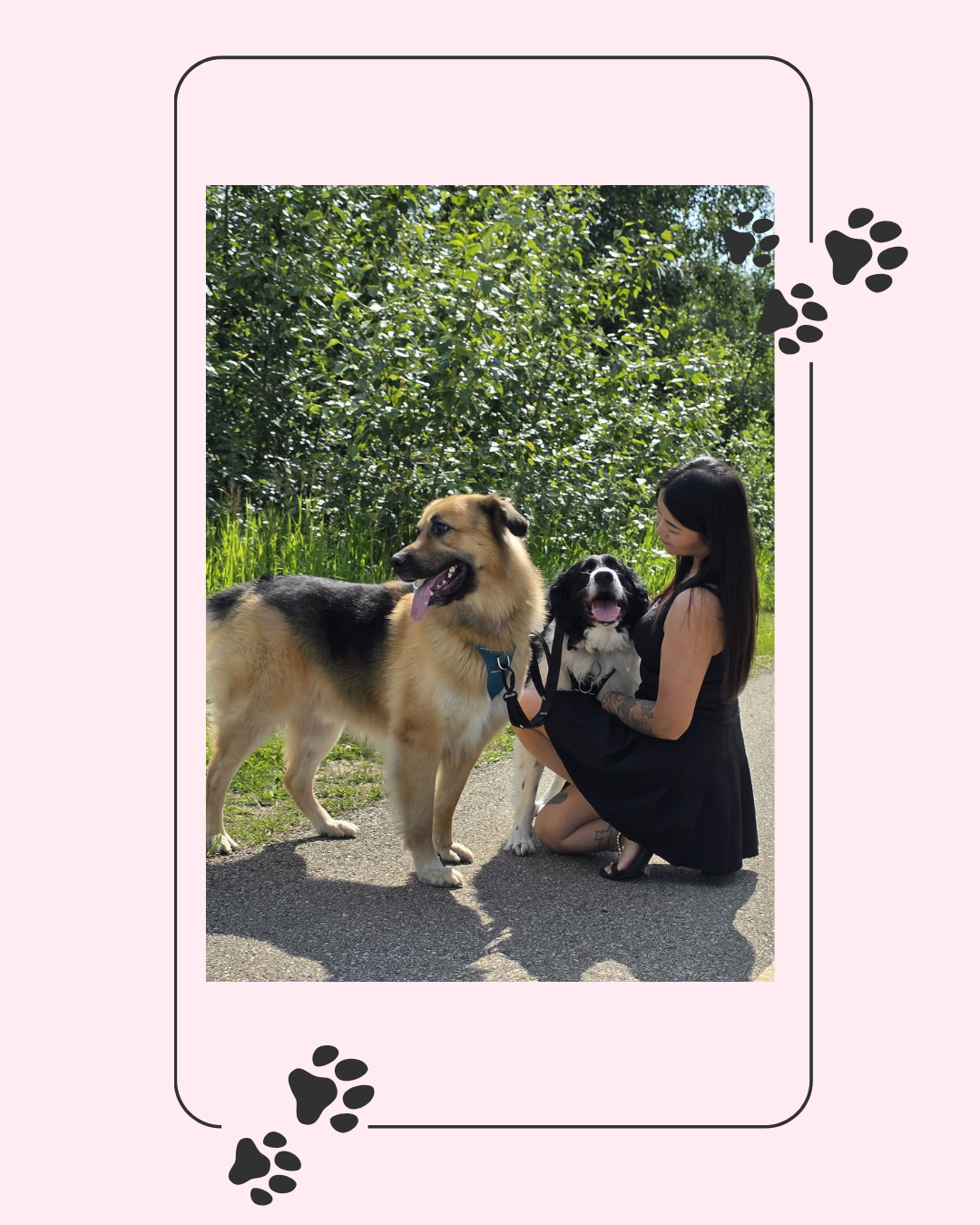 A woman kneeling on the pavement holding two dogs, one large and one small, with green trees and grass in the background.