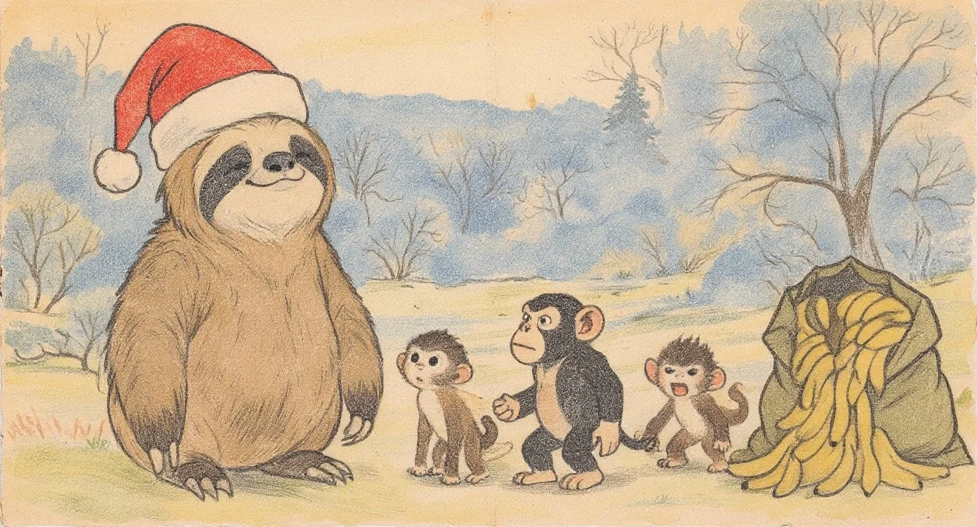 A sloth Santa Claus smiling as he takes bananas from angry monkeys in the forest, saying “Everything is mine” in the world of Kappies.（森の中で怒るサルたちからバナナを受け取り、「ぜんぶぼくのもの」と笑顔で言う、なまけもののサンタクロースのシーン）