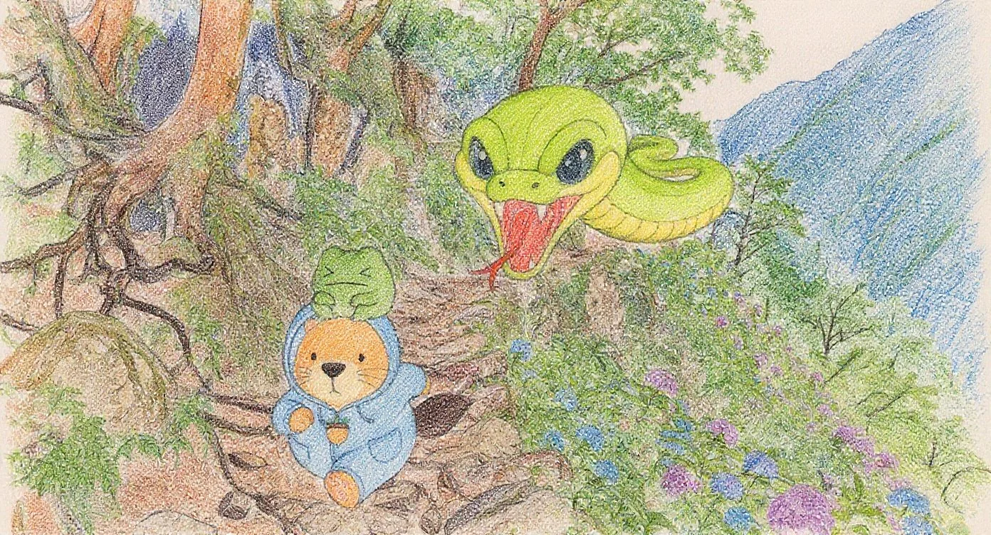 にげろにげろ！カッピーは頭にケロちゃんをのせたまま山を駆け下りていきます。ものすごいスピードです。でも大蛇は追いかけてきます。「しゃああああ！」大蛇は恐ろしい鳴き声を上げて襲い掛かってきます。ケロちゃんは恐ろしくて目をつむっています。