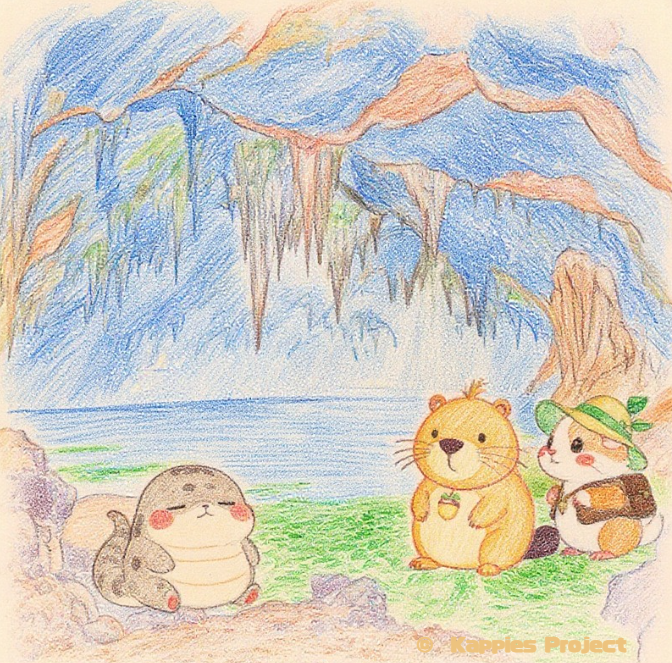 Kappy and Kamekichi discover a mysterious creature inside a quiet stalactite cave.（カッピーとカメ吉が、静かな鍾乳洞の奥で不思議な生き物と出会う一場面）