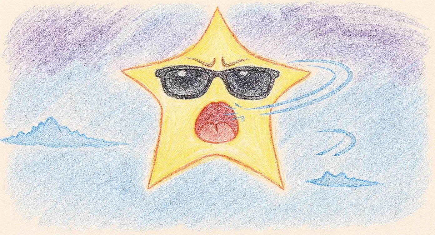 A star wearing sunglasses suddenly looks angry when called, surprising everyone — 呼ばれて振り向いたお星さまはサングラス姿で意外とイカつい表情をしていた場面。