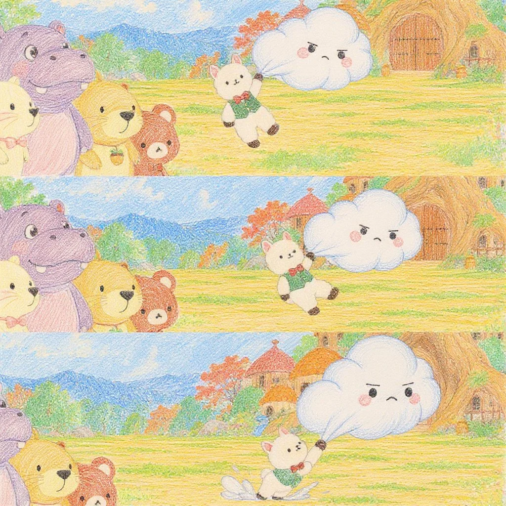 ”だいじょうぶかなぁ”きなりちゃんは心配。　アルパカ先生がくもくんをひっぱると、逆に雲くんに引っ張られていきます。「ちょっと、ひっぱらないでくださ～い」    ぎゃくに ひっぱられていく アルパカせんせい  「わたしのいうことを きいてくださ～い！」    アルパカせんせいが さけんでも  くもくんは とっても ごきげんななめ