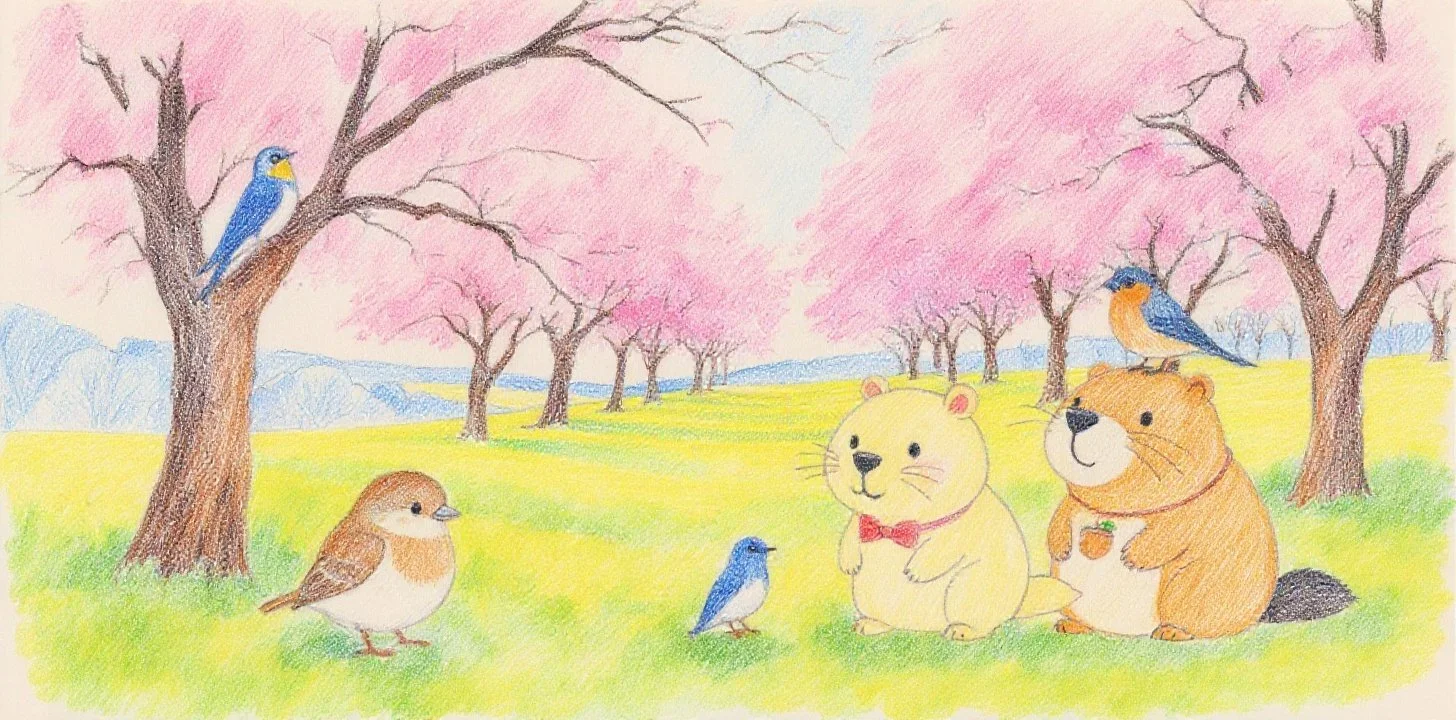 桜の中でカッピーと仲間たちが過ごす物語のはじまりのシーン The beginning of a story where Kappy and friends spend time among cherry blossoms