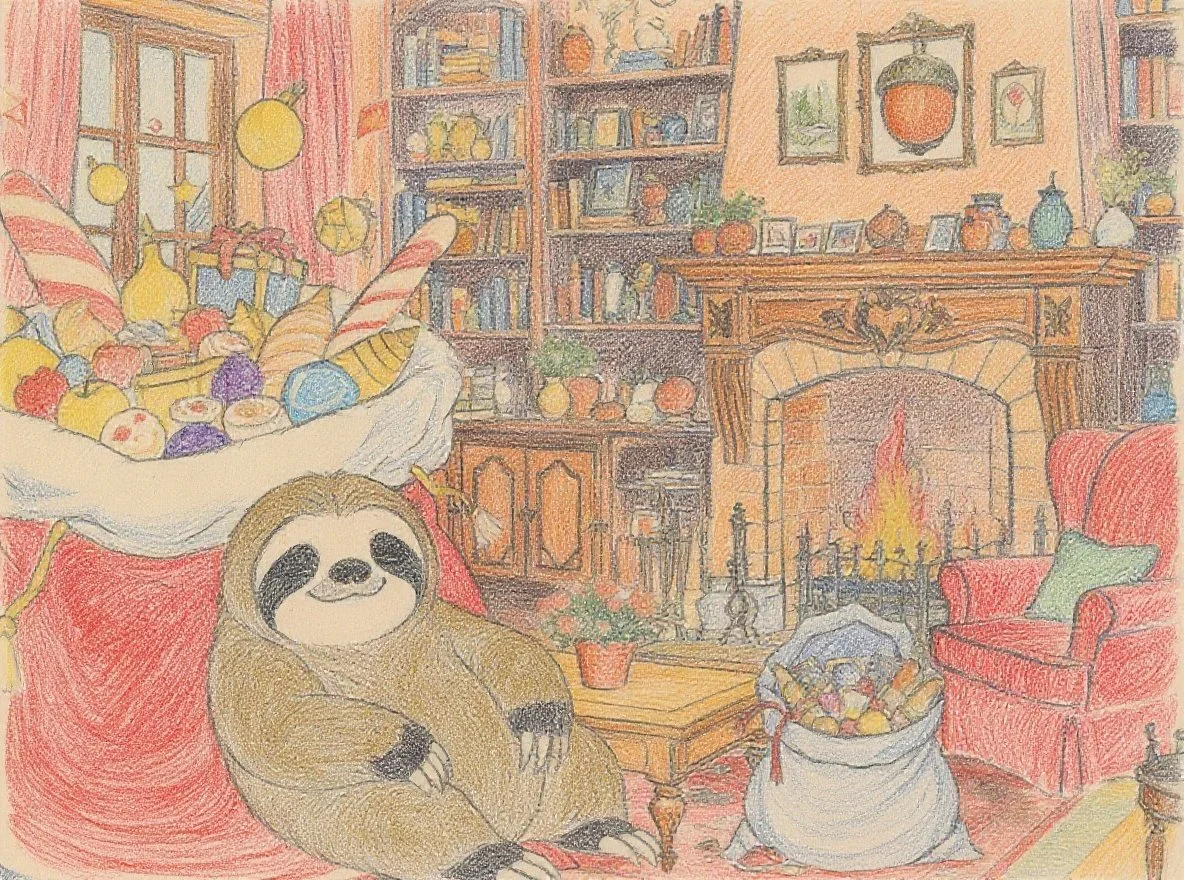 A luxurious sloth Santa Claus lazily lying around at home all day, surrounded by gifts, sweets, and a warm fireplace in the forest world of Kappies.（贅沢な部屋でプレゼントやお菓子に囲まれ、一日中家でだーらだらとゴロゴロしている、なまけもののサンタクロースのシーン）