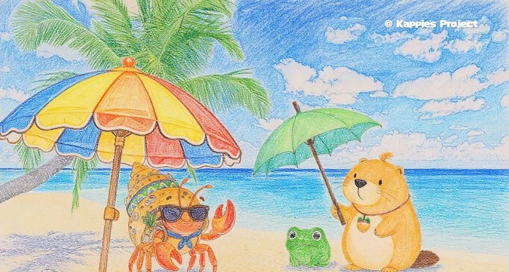 夏が来たから海に。
ヤドカリは日焼けに気をつけているらしいかぴ🌞
#カッピーズもりのなかまたち　#海　#ヤドカリ