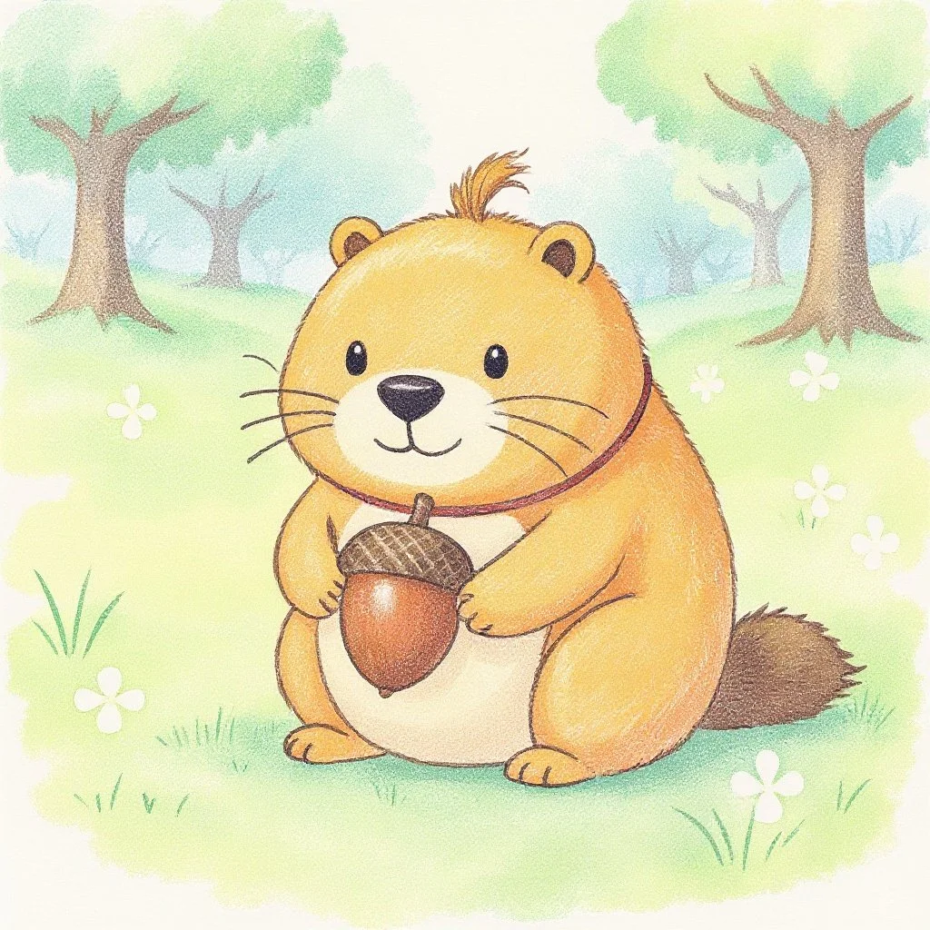 Kappy the capybara holding his favorite acorn in the sunny forest, proud to be a gentle acorn collector. カッピー週休７日のドングリ採集家・ドングリマイスター。お気に入りのドングリを見つけるかぴ。