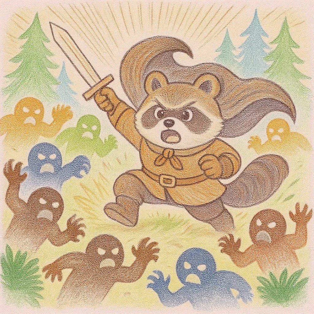 Tanuki hero charges forward with a wooden sword, bravely driving away shadowy foes in an old forest legend. 森の伝承に語られる英雄タヌキが木の剣を掲げ、影の悪党たちを勇ましく撃退しているシーン。