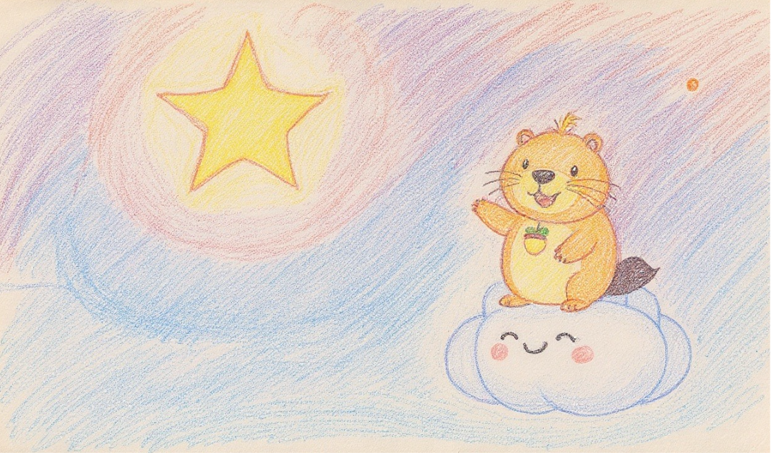 Kappy stands on Cloud-kun and calls out to the glowing star in the sky — 空の上で雲くんに乗りながら、お星さまに「こっちに来てかぴ〜」と呼びかけるカッピーの場面。