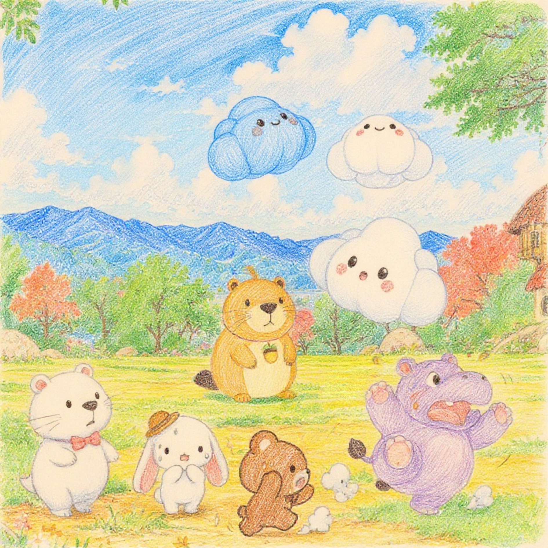 「うわあああ～！せんせいが     おそらにつれていかれた～！」みんな大（だい）パニック！  ボウも、くまちんも、ぴょんちゃんも大（おお）あわて  「ど、どうしよう・・」