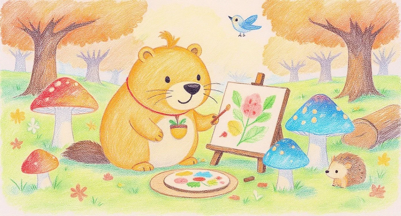 ペタペタ絵をお花の描いているカッピー　きのこのアトリエに集まってきたのは青い鳥とハリネズミちゃん🦔