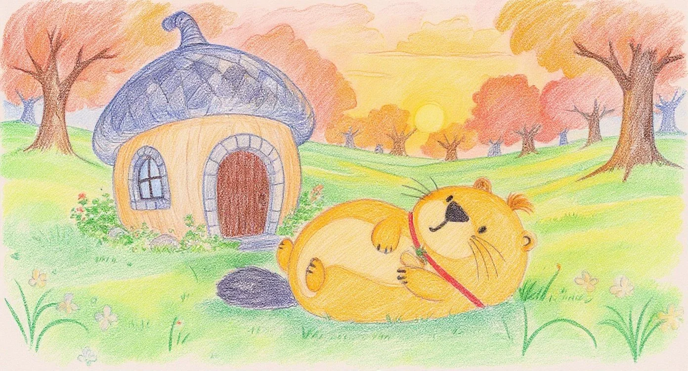 どんぐりの家の間で秋の夕方にぼ～っと寝転がっているカッピー