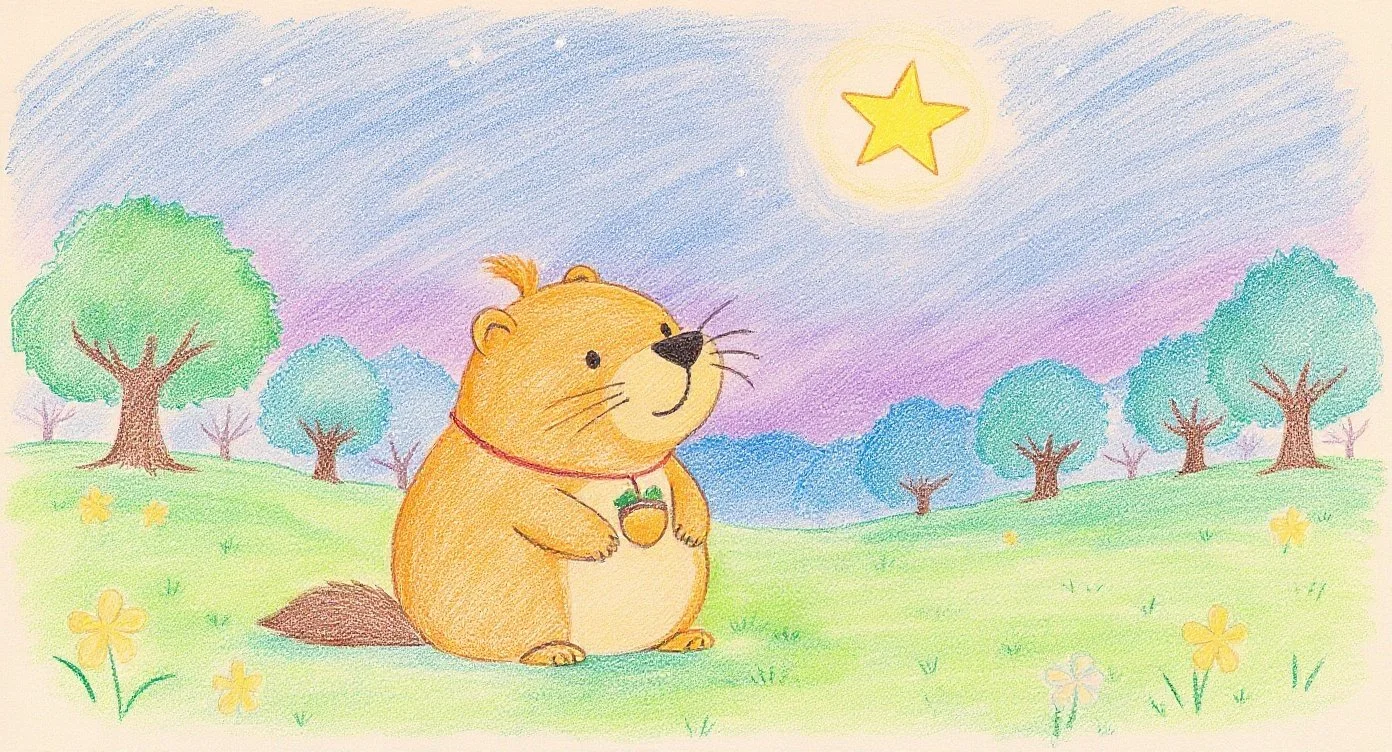 Kappy the capybara sits in the forest at dusk looking up at a glowing star and wondering what might be there — 夕暮れの森で光るお星さまを見上げながら「あの星にはなにがあるんだろう？」と考えるカッピーの場面。