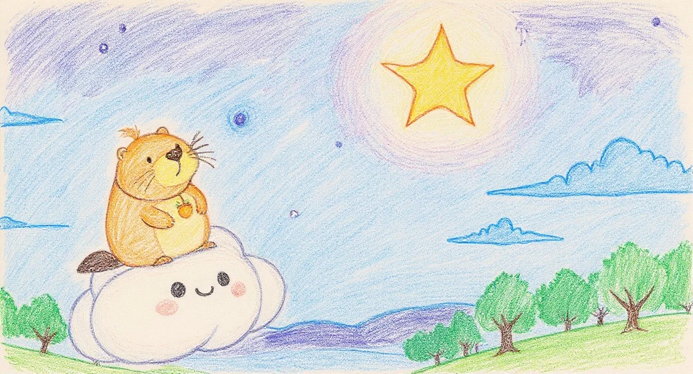 Kappy the capybara decides to visit the shining star and rides on Cloud-kun into the evening sky — 光るお星さまのところへ行ってみようと決め、雲くんに乗って空へ向かうカッピーの場面。