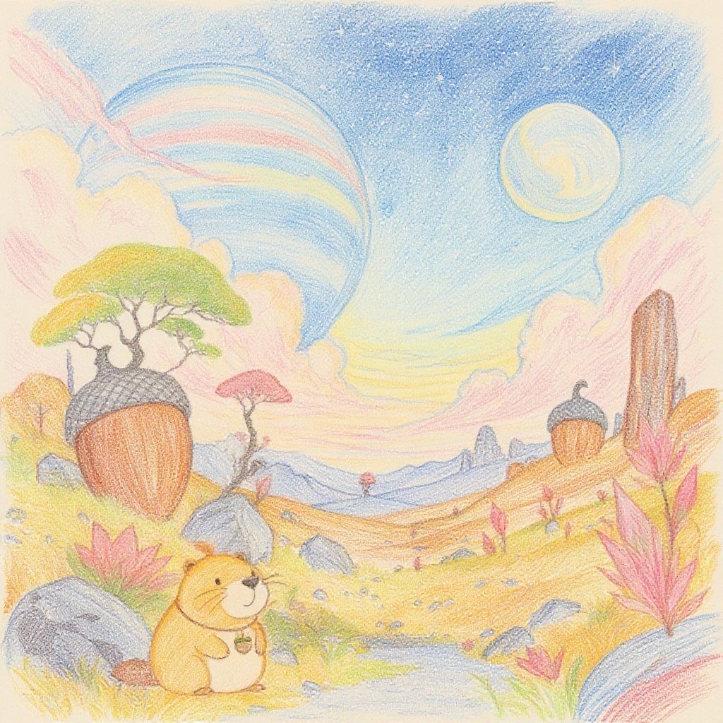 Kappy gazes up at the round stars in the sky, enjoying the calm of Acorn Planet. 大きなどんぐりのそばで、まん丸の星を見上げるカッピー。