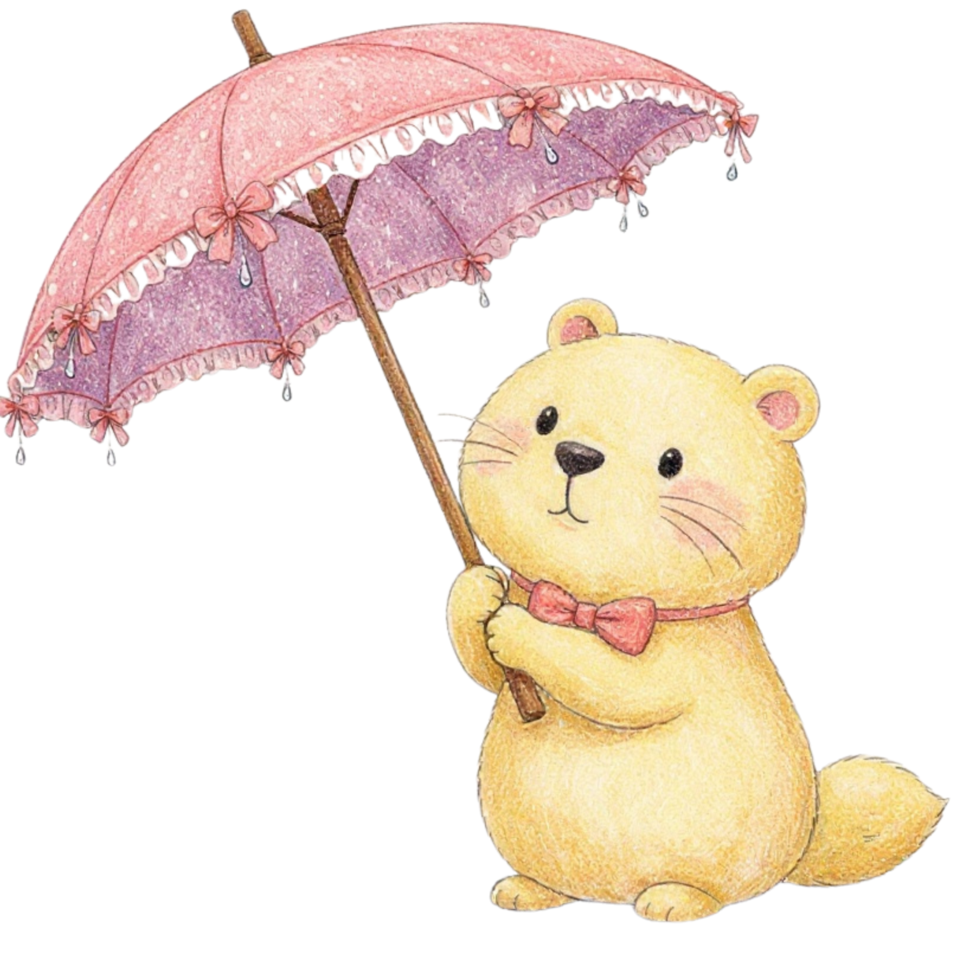 きなりちゃんがケロちゃんのために日傘をさしているよ。きなりちゃんはカピバラの女の子。しっぽがあるのが少しコンプレックスで恥ずかしがり屋で言いたいことがはっきり言えないこともあるよ。