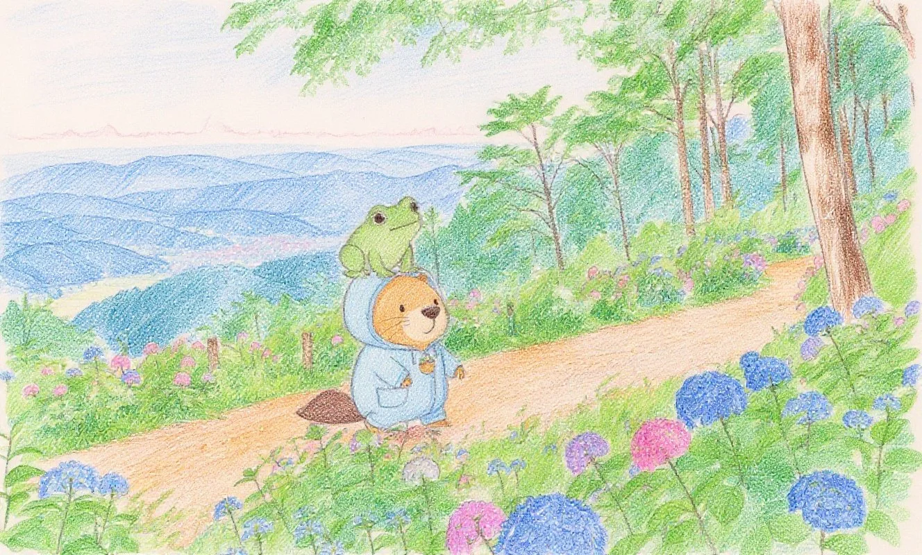 どのくらい歩いたでしょうか。アジサイが咲く山を登って、カッピーとケロちゃんは涼しい場所まで行きたいみたい。