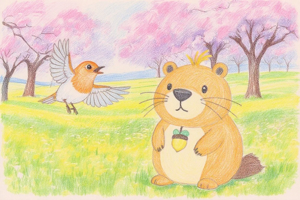 桜の草原でコマドリがカッピーに素朴でまっすぐな疑問を投げかけるシーン A scene where a robin asks Kappy a simple and straightforward question in a cherry blossom field