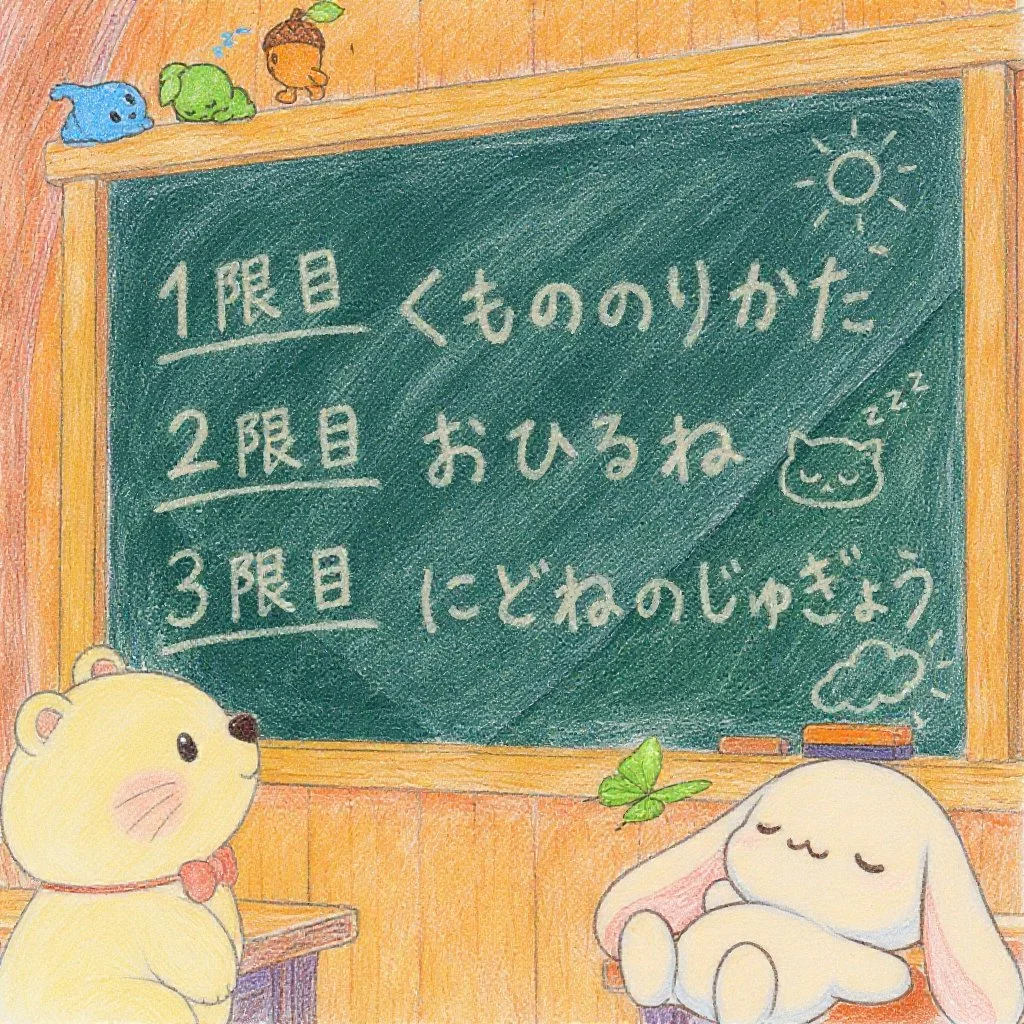 えっと・・・きょうは・・・」「1げんめ　雲の乗り方」  「2げんめ　お昼寝」  「３げんめ　二度寝の授業」