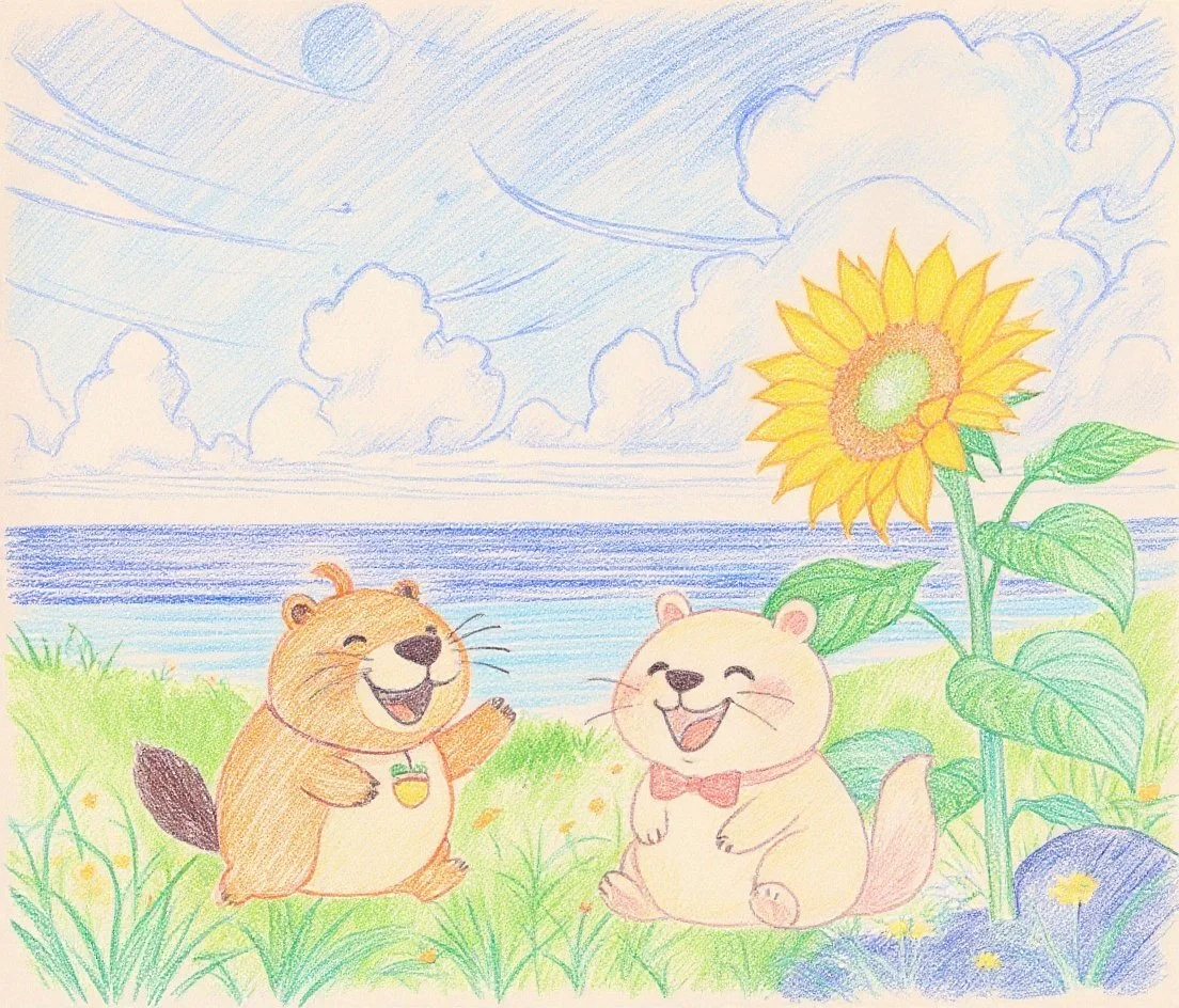 海の丘でひまわり。そよ風がそよそよ。カッピーときなりちゃんはとっても楽しい爽やかな日。約束なんてなくても今日は最高の夏。