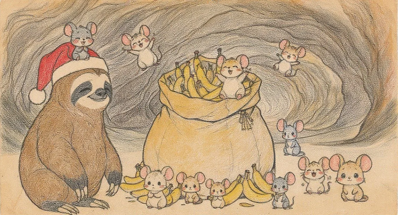 A sloth Santa Claus gently sharing bananas with hungry mice, giving only what is truly needed in the world of Kappies.（おなかをすかせたネズミたちに、ほんとうにひつようなものをそっと分ける、なまけもののサンタクロースのシーン）