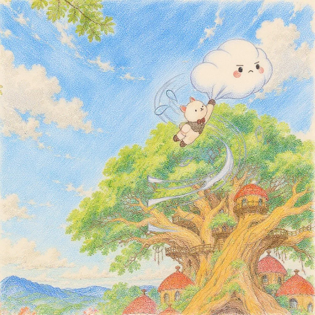 「うわあああ～～～・・・！」アルパカせんせいが おそらにつれていかれてしまいます！  「こわいで～す！  だれかたすけてで～す！」