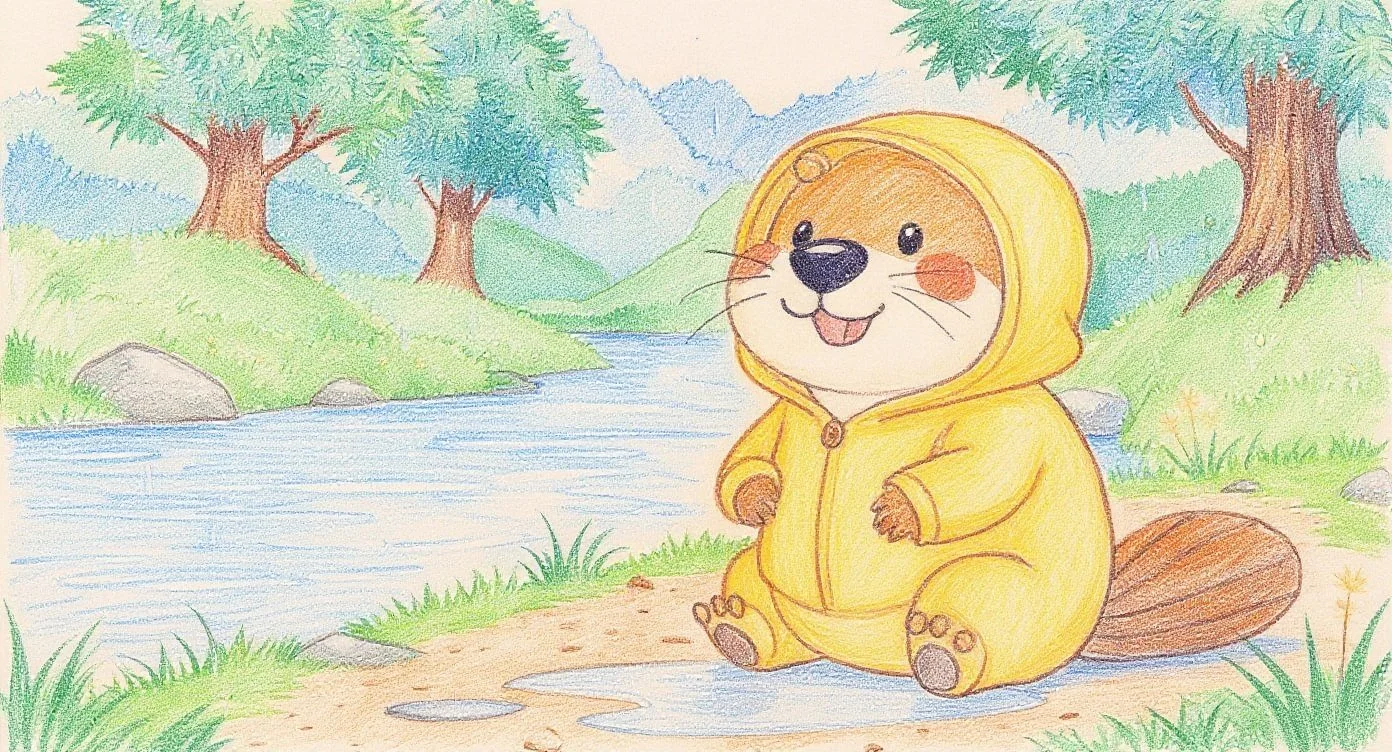 Vanilla the beaver wearing a yellow raincoat, smiling by the riverside on a rainy day.（黄色いカッパを着て雨の日の川辺に座るビーバーのバニラ。しとしと降る雨も、彼には楽しい時間）