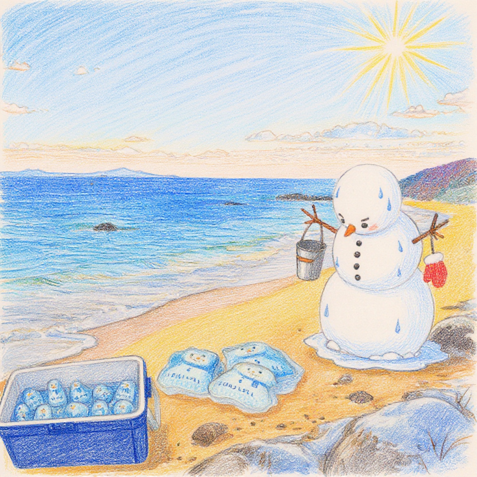 溶けていく雪だるま　ビーチに着いたとき、保冷材はすでに溶けていました