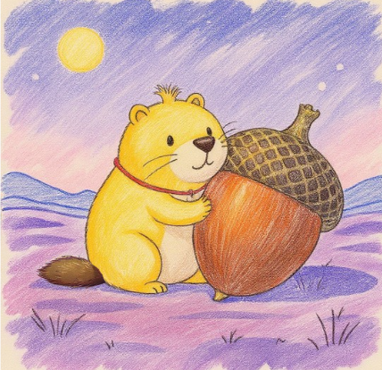 On the distant Acorn Planet, Kappy searches excitedly among many different kinds of acorns, thrilled by meeting their unique “children.” （たまにしか来られない惑星どんぐりで、さまざまな個性をもつどんぐりたちに出会い、ワクワクしながら探し回るカッピー。）