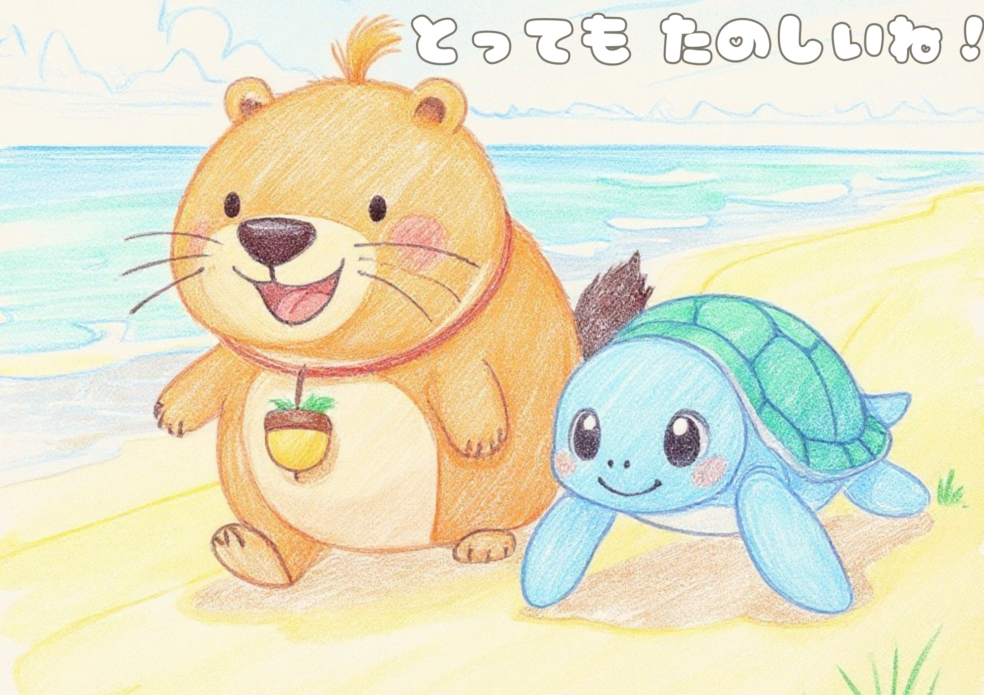 カッピーとカメ吉は砂浜を一緒に歩いて楽しいね！