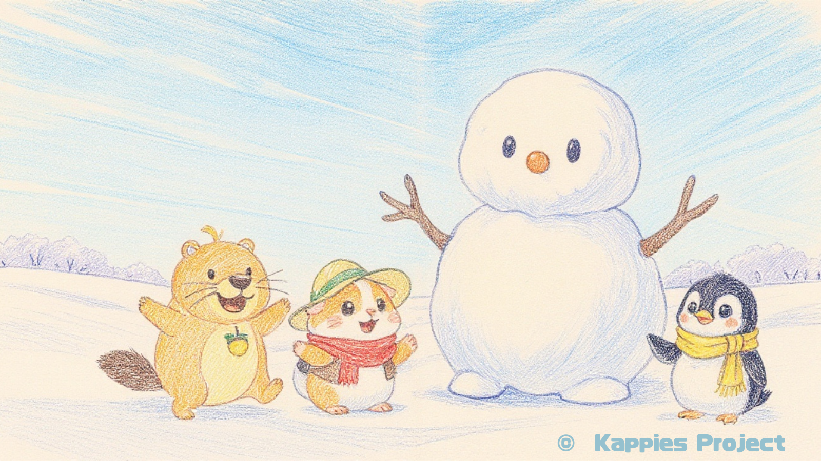カッピーとモルちゃんはペンギン君と一緒に大きなおっきな雪だるまを創って大喜び！「できたかぴ！」