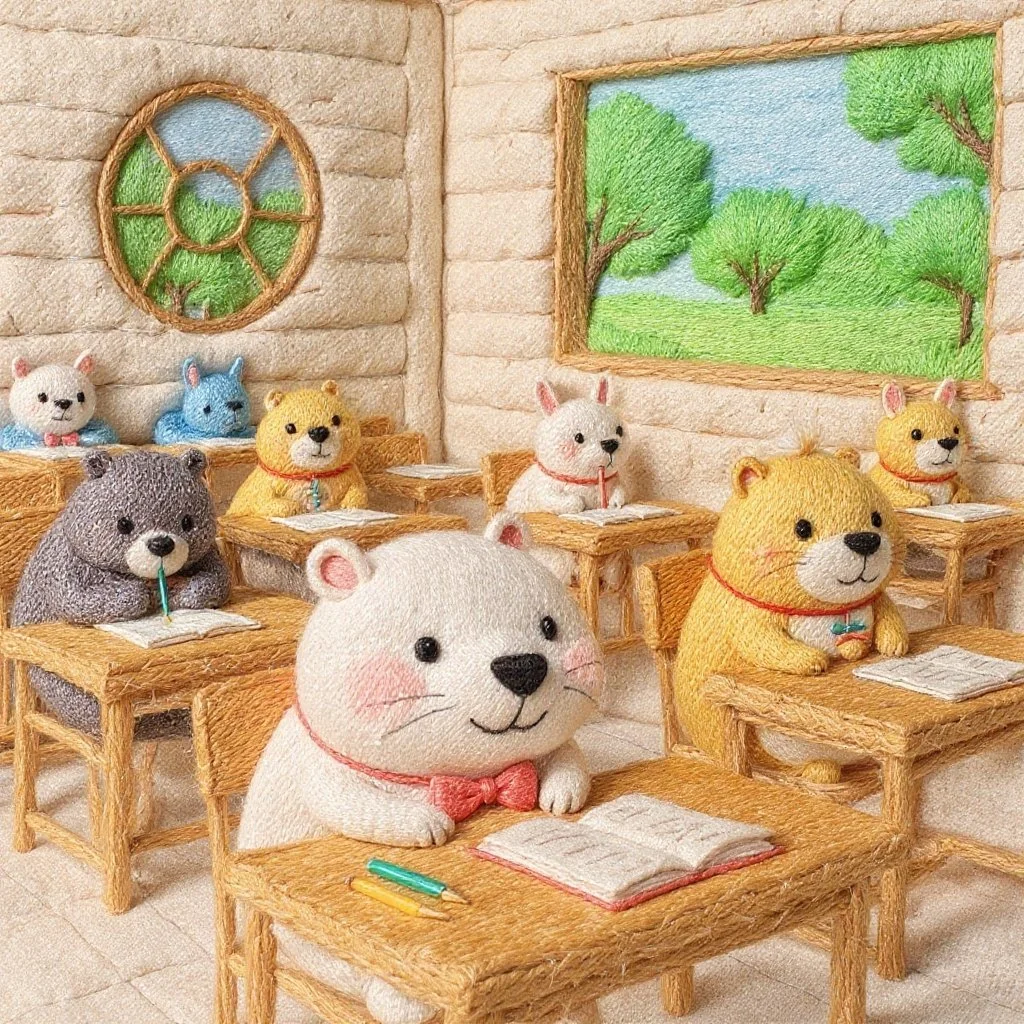 森の学校で最高の二度寝をするための授業をカッピーときなりちゃんはクラスメイトと一緒に受けています。夏の日。青い日のひとこま。