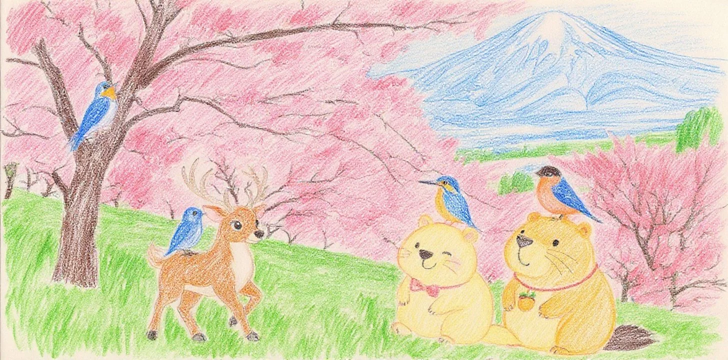 ALT 仲間たちの話を聞いてカッピーがにっこり微笑む桜の草原のシーン A scene in a cherry blossom field where Kappy smiles gently after listening to everyone’s stories