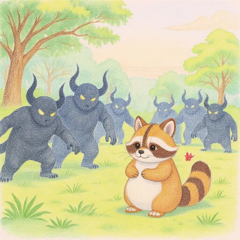 Tanuko stands trembling as dark shadow beings close in on her, unaware of the danger behind. タヌ子が背後から迫る影カラに気づかず、不安そうに立っている緊迫の森のひとこま。