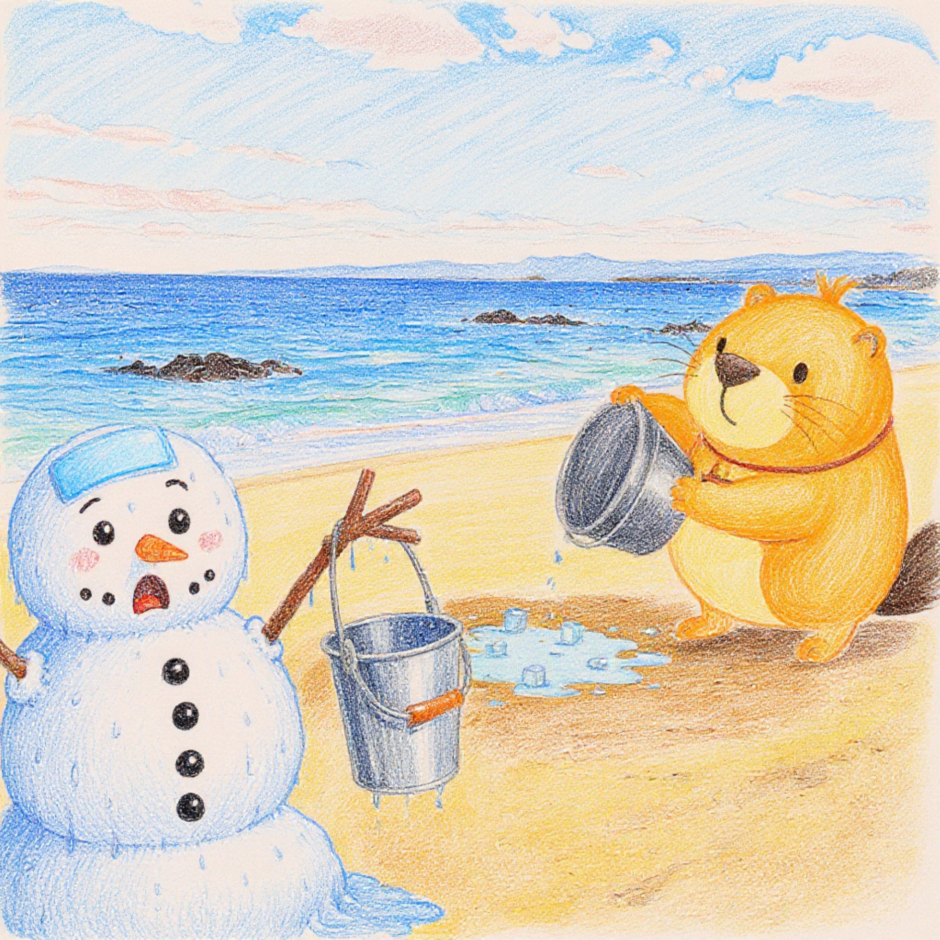 カッピーが「かぴ！」と言って、溶けかけている雪だるまにいきなり氷水をかけるシーン